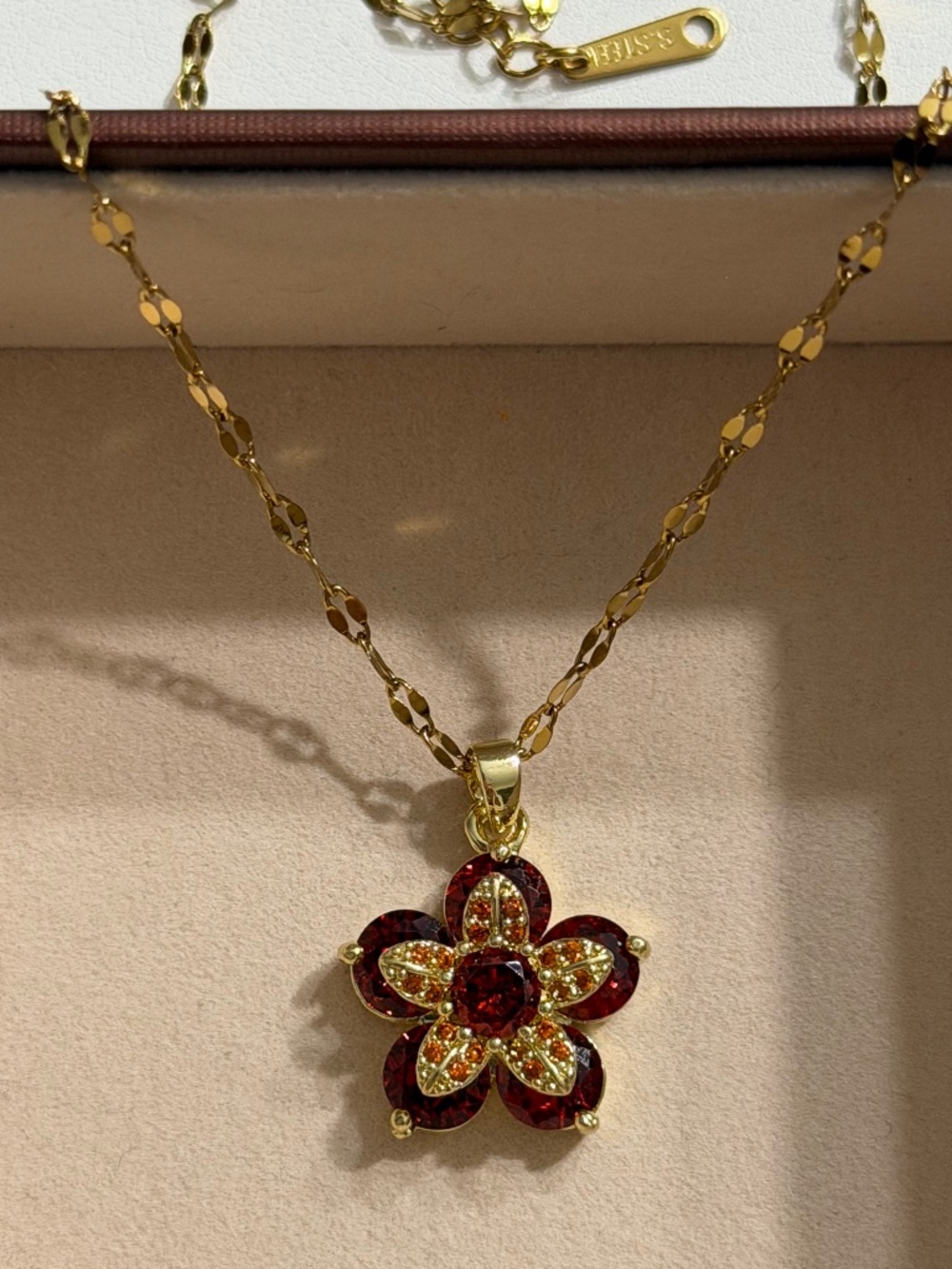 Elegant Golden Red Zirconia Flower Stainless Steel Stamped Necklace Chain